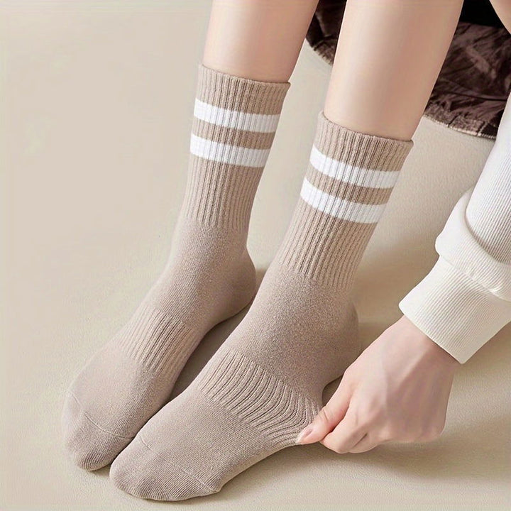 6 Pairs Stripe Print Ribbed Comfy Soft Mid Tube Crew Socks - SocksLtd