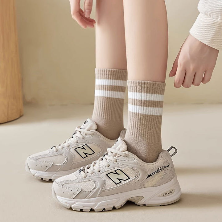 6 Pairs Stripe Print Ribbed Comfy Soft Mid Tube Crew Socks - SocksLtd