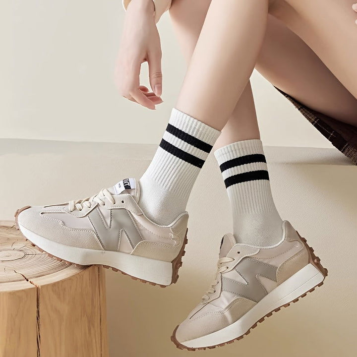 6 Pairs Stripe Print Ribbed Comfy Soft Mid Tube Crew Socks - SocksLtd