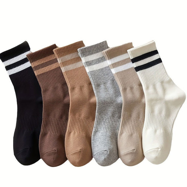 6 Pairs Stripe Print Ribbed Comfy Soft Mid Tube Crew Socks - SocksLtd