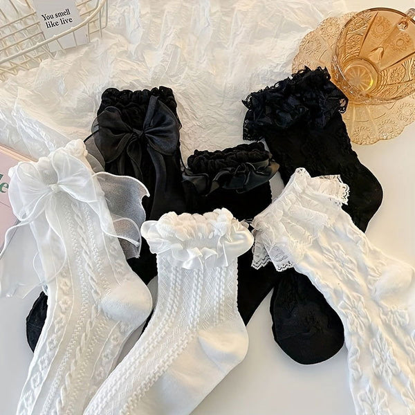 6 Pairs Texture Lace Trim Cute Soft Crew Socks - SocksLtd