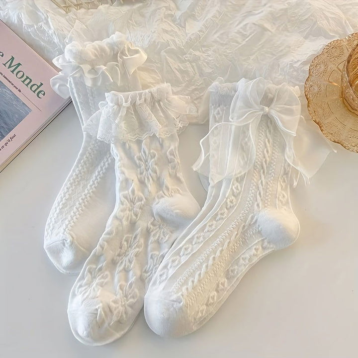 6 Pairs Texture Lace Trim Cute Soft Crew Socks - SocksLtd