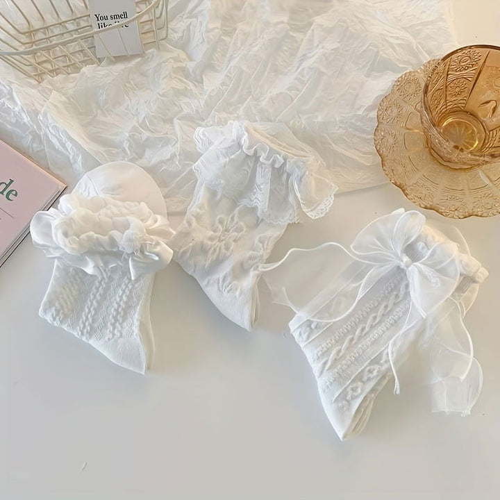 6 Pairs Texture Lace Trim Cute Soft Crew Socks - SocksLtd