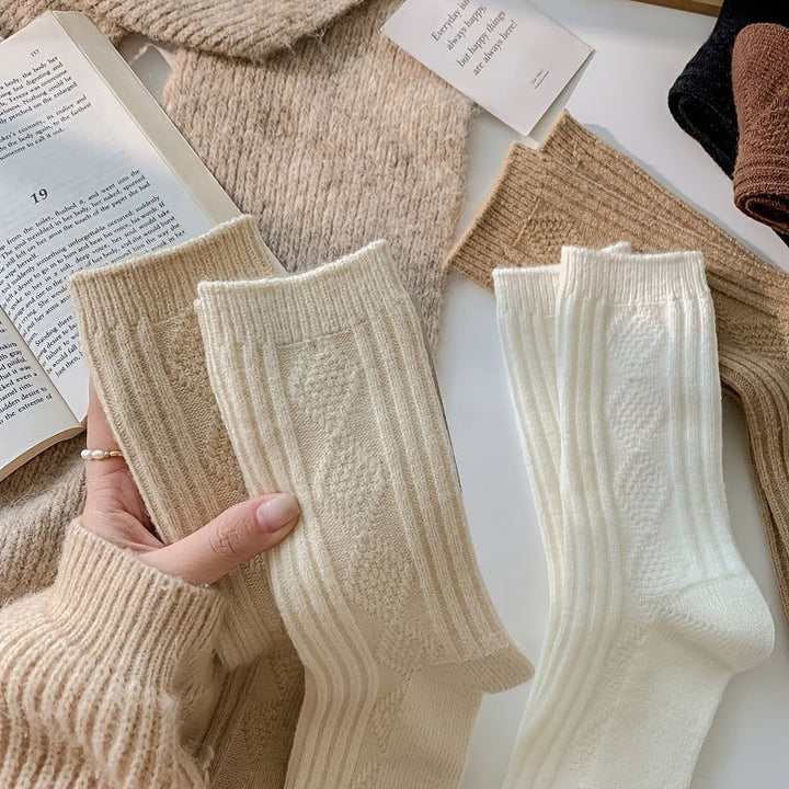 6 Pairs Thick  Cream Retro Art Mid Tube Crew Socks - SocksLtd