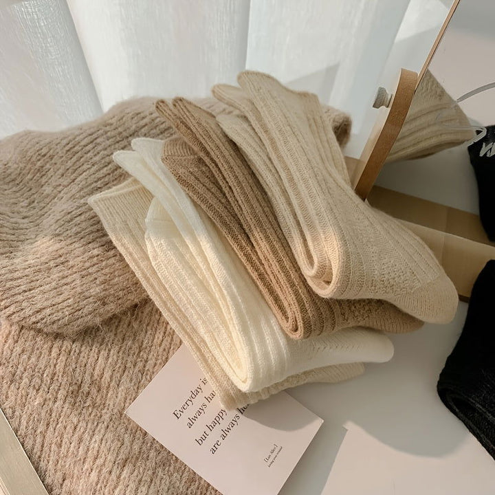 6 Pairs Thick  Cream Retro Art Mid Tube Crew Socks - SocksLtd