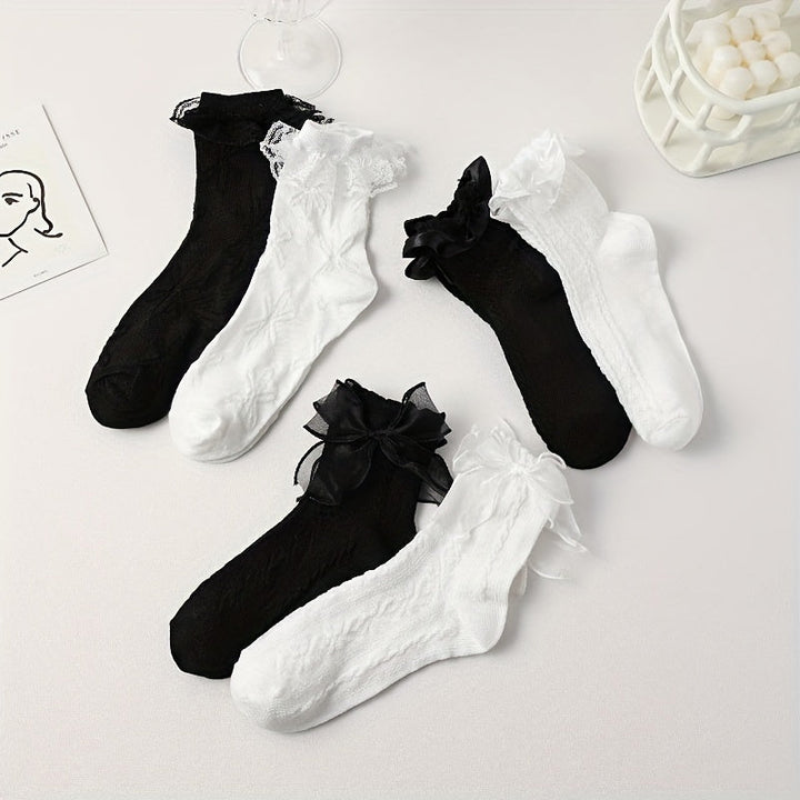 6 Pairs Women Cute Bowknot Fashionable  Crew Socks - SocksLtd