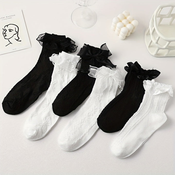 6 Pairs Women Cute Bowknot Fashionable  Crew Socks - SocksLtd