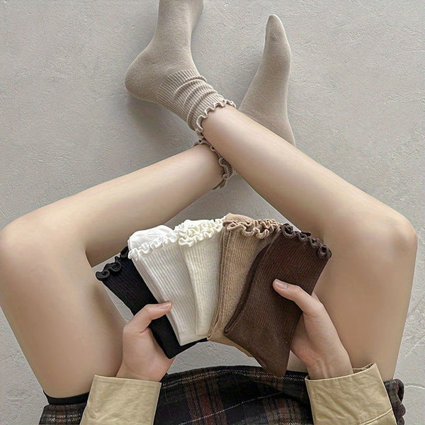 6 Pairs  Simple Comfy Lettuce Trim Crew Socks - SocksLtd