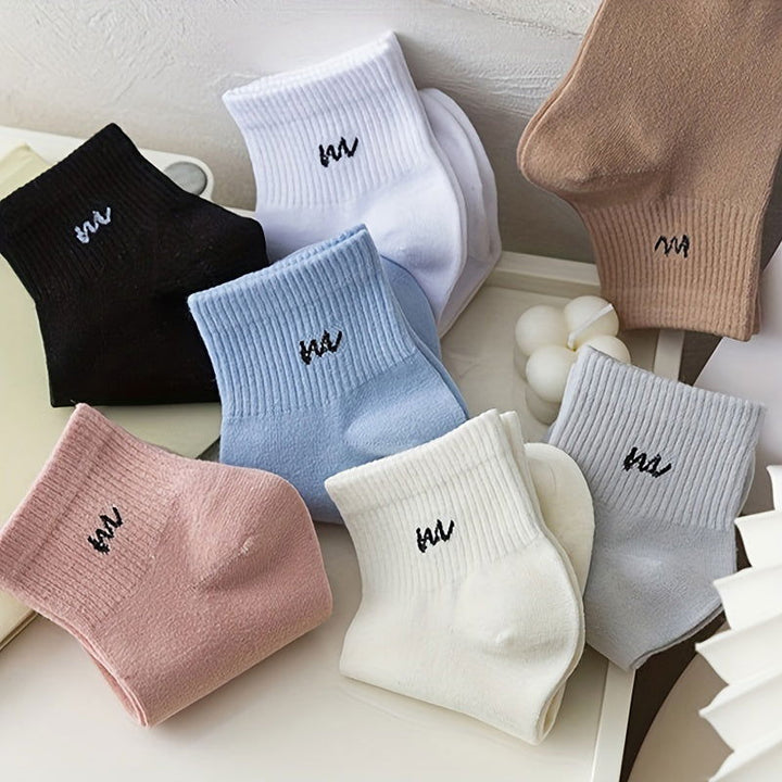 7 Pairs  Rib Knit  Letter Trendy Candy Colors Ankle Socks - SocksLtd