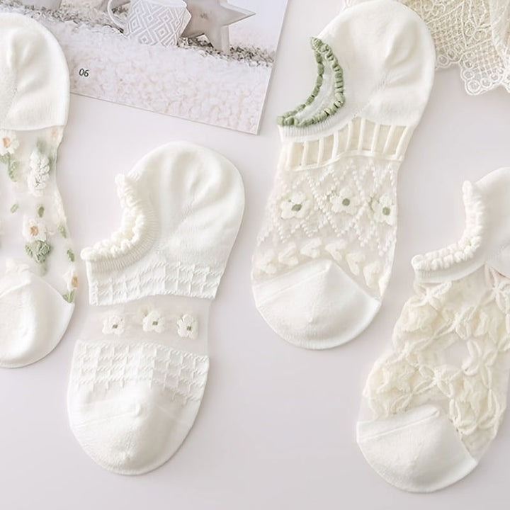 8 Pairs Floral Print Mesh Kawaii Lettuce Trim Ankle Socks - SocksLtd