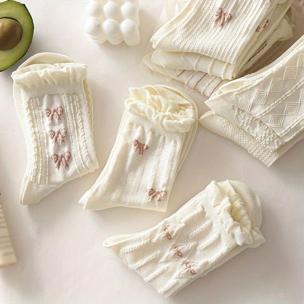 9 Pairs Floral Bow Print Sweet Cute Ruffle Crew Socks - SocksLtd