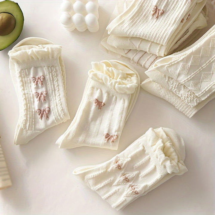 9 Pairs Floral Bow Print Sweet Cute Ruffle Crew Socks - SocksLtd