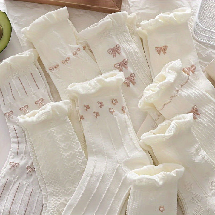 9 Pairs Floral Bow Print Sweet Cute Ruffle Crew Socks - SocksLtd