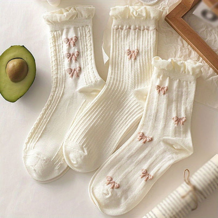 9 Pairs Floral Bow Print Sweet Cute Ruffle Crew Socks - SocksLtd