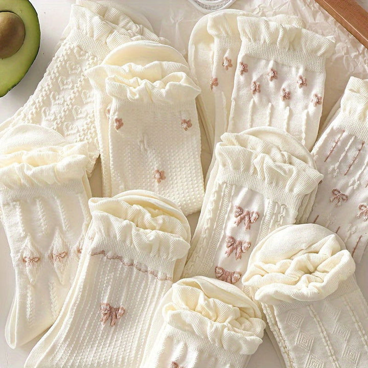 9 Pairs Floral Bow Print Sweet Cute Ruffle Crew Socks - SocksLtd