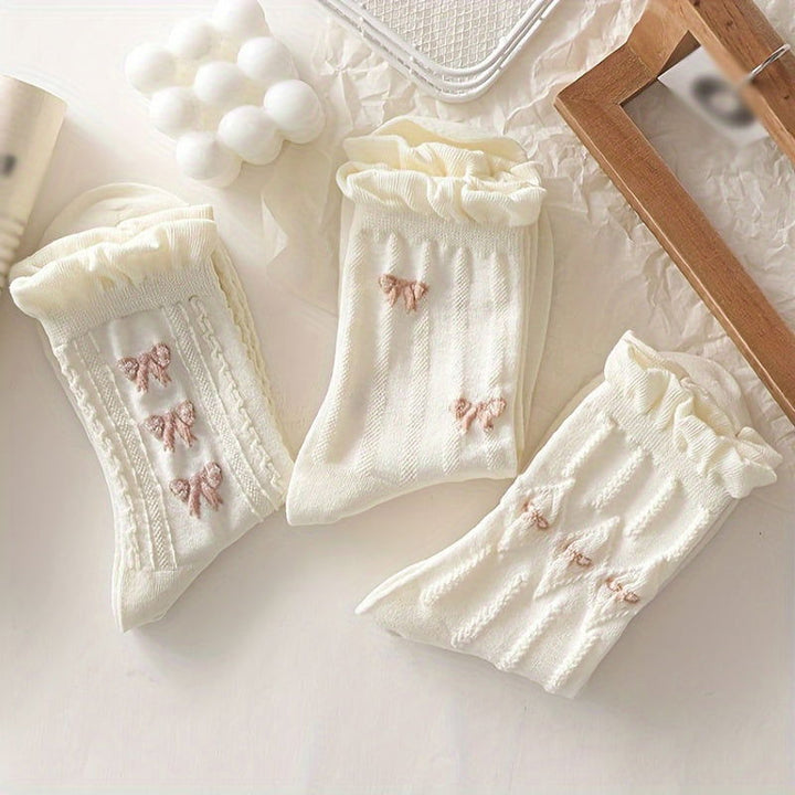 9 Pairs Floral Bow Print Sweet Cute Ruffle Crew Socks - SocksLtd