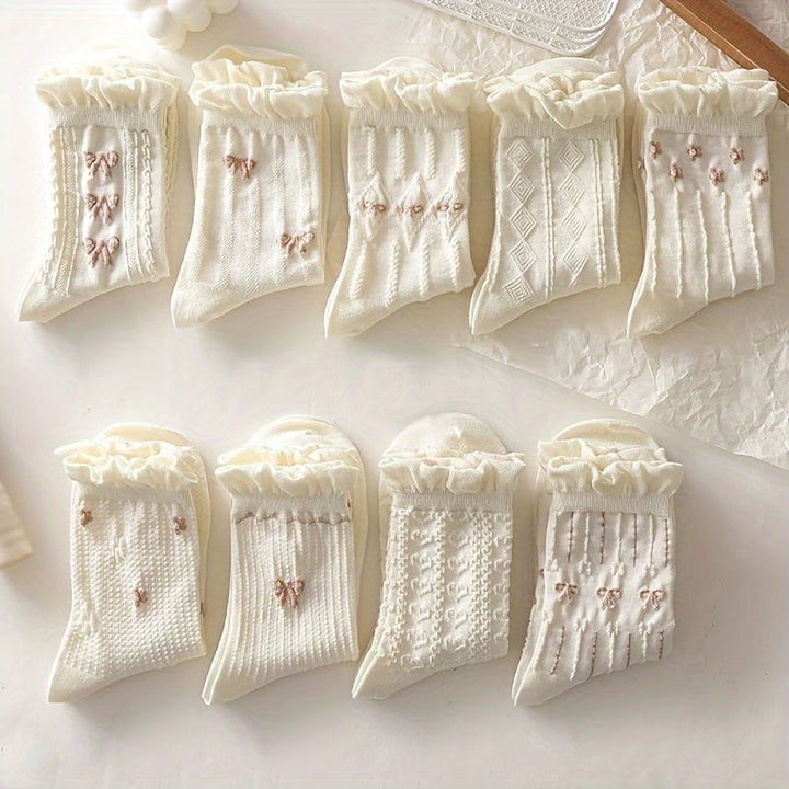 9 Pairs Floral Bow Print Sweet Cute Ruffle Crew Socks - SocksLtd