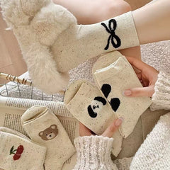 5 Pairs Butterfly knot Dot yarn Crew Socks