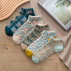 5 Pairs Vintage Court Style Floral Print Ankle Socks