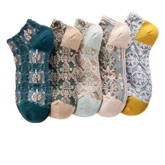 5 Pairs Vintage Court Style Floral Print Ankle Socks