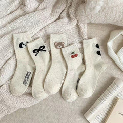 5 Pairs Butterfly knot Dot yarn Crew Socks